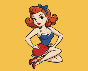 Obraz premium Vector art of retro pinup girl with red hair and a blue and red outfit, posing confidently, illustration