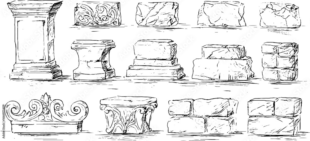 Poster hand drawn decorative stone blocks and brick set for design and architecture projects