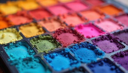 Naklejka premium Vibrant eyeshadow palette displays diverse hues, from bright blues and greens to rich reds and purples. Textured powders invite artistic makeup application, featuring both shimmer and matte finishes.