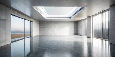 Spacious minimalist interior design with large windows, skylight, and polished concrete floor