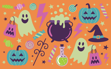 Vibrant spooky scene with smiling ghosts, glowing jackolanterns, bubbling cauldron, witch hat, potion bottles, candy bags and lollipops, swirls and stars against orange backdrop