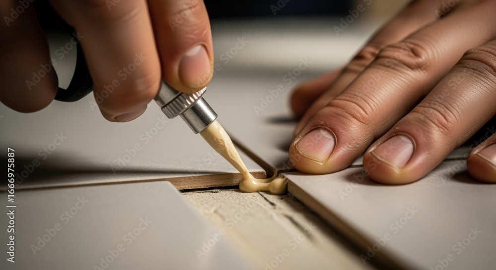 Poster Stepbystep footage of ceramic tile rebonding process showing glue injection beneath tile using a small adhesive applicator.