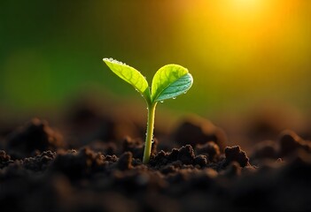 Fresh green plant sprouting from soil high resolution picture