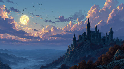 Ch&acirc;teau gothique de vampire sous la pleine lune avec ambiance brumeuse