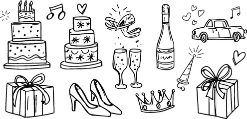 Obraz premium Hand drawn wedding celebration elements with decorative tiered cakes