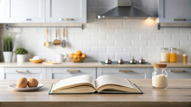 A cookbook rests open on a kitchen counter, alongside fresh eggs and a jar of baking ingredient, showcasing a clean and inviting culinary space