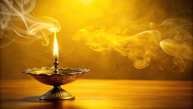 A glowing ornate oil lamp with swirling incense smoke on a wooden surface - Powered by Adobe