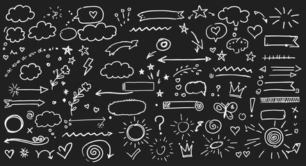 Collection of Hand Drawn Doodle Elements and Decorative Shapes for Design Projects and Creative Layouts on a Dark Background