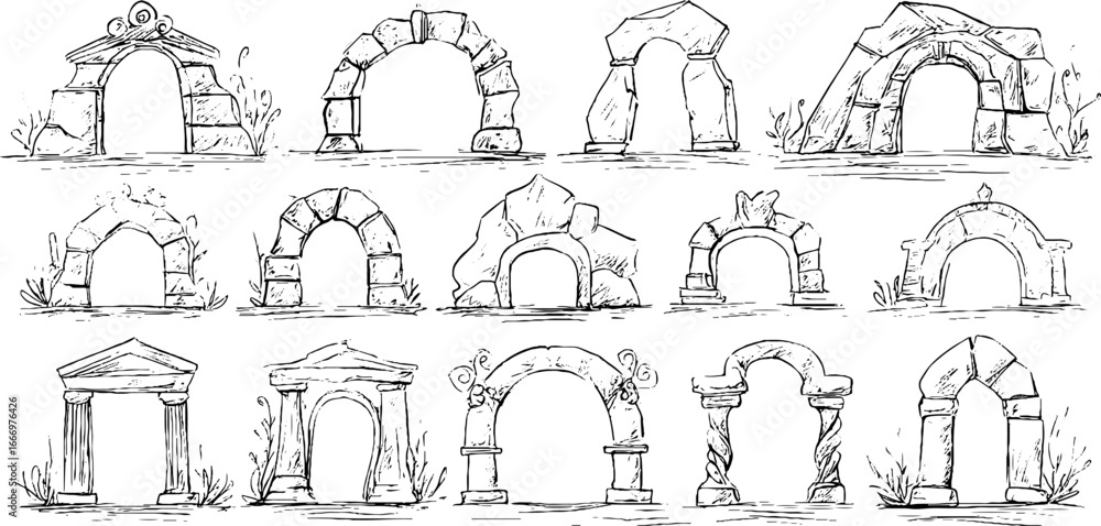 Poster set of hand drawn decorative triangular and arched temples for design and art projects