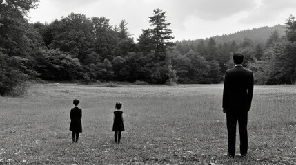 A man stands in a field with two children. The man is wearing a suit and tie. The scene is black and white