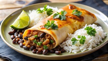 Baked Burrito with Black Beans, Rice, and Lime Wedge on a Plate