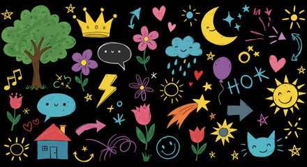 A Whimsical Collection of Hand-Drawn Childrens Illustrations Featuring Nature Elements Animals and Fun Symbols Perfect for Creative Projects and Decorations