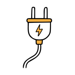 A simple electric plug with two prongs and a power symbol. The plug is connected to a cord, representing electrical connectivity and energy supply.