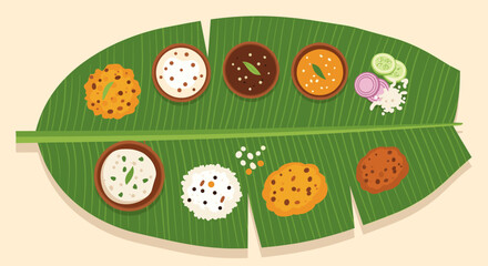 Traditional Indian Feast Served on a Banana Leaf