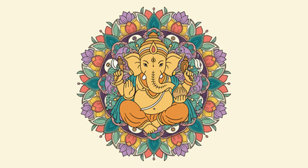 Colorful Mandala Art Featuring Lord Ganesha as Central Figure