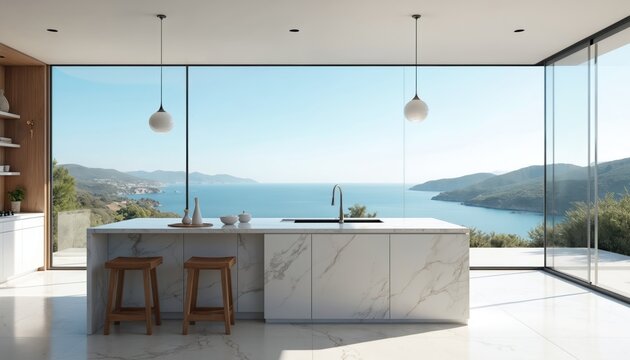 Modern kitchen features marble island with sea view. Bright natural light fills the spacious, contemporary interior. Coastal home design showcases comfort, luxury, and panoramic relaxation.