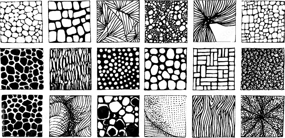 Poster set of hand drawn geometric textures featuring diamonds and abstract patterns for design use