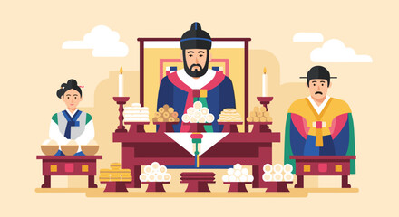 Traditional Korean Ceremony with Ancestral Worship and Festive Food