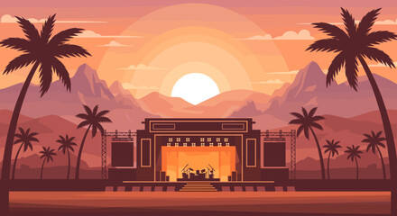 Outdoor Music Festival Stage at Sunset with Palm Trees and Mountains