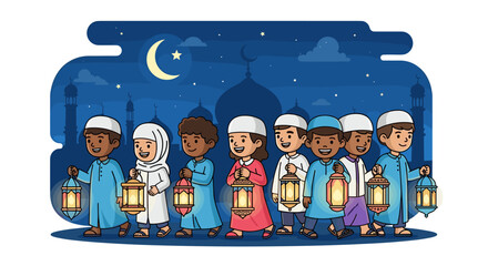Children Celebrate Ramadan with Lanterns Under the Night Sky