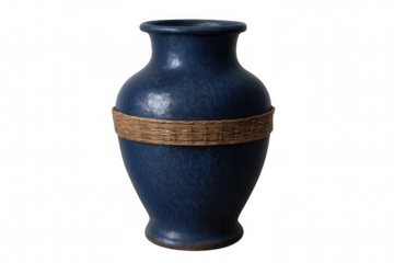 Ceramic blue vase with wicker centerpiece, studio-lit against transparent backdrop