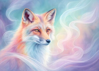 Obraz premium Detailed digital painting of a red fox, ethereal background, soft pastel colors, whimsical fantasy style, dramatic lighting, highly detailed 8K art, jpg file