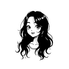 Whimsical portrait of a manga-inspired young woman with flowing dark hair and bright expressive