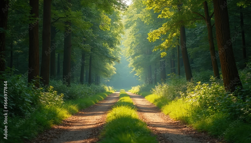 Poster sunlit forest path splits into two directions creating choice for travelers. rich green trees line d