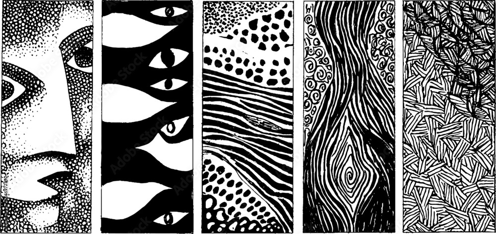 Poster set of hand drawn psychedelic textures with abstract patterns for design