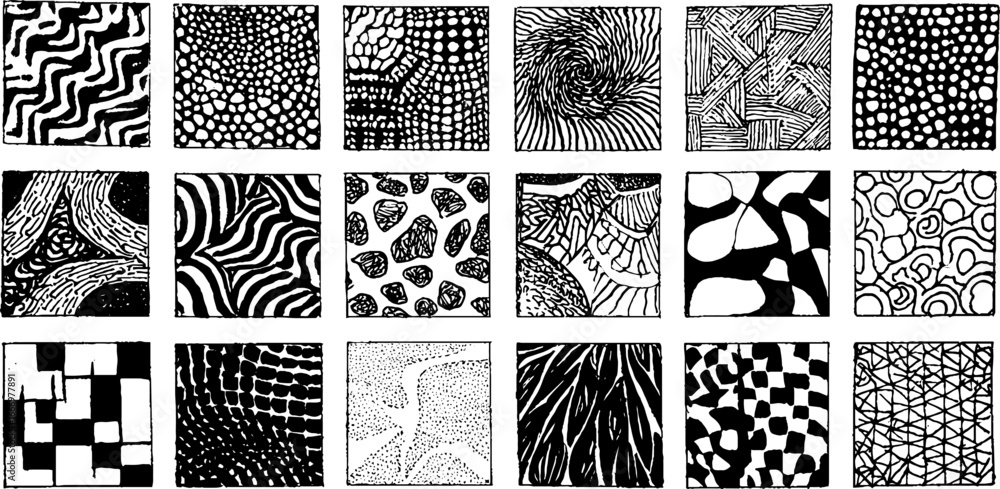 Poster set of hand-drawn psychedelic texture patterns with spirals for artistic design