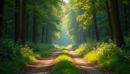 Fototapeta premium Sunlit forest path splits into two directions creating choice for travelers. Rich green trees line dirt road inviting exploration, adventure. Scene evokes sense of journey, decision-making in nature.