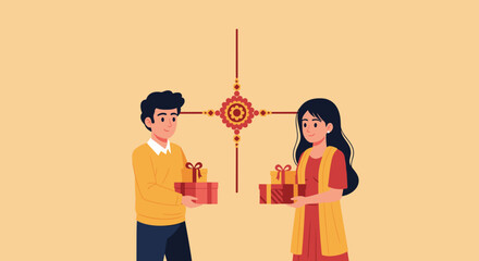 Brother and Sister Exchange Gifts During Raksha Bandhan Festival Celebration