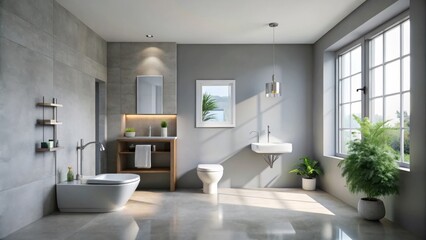 Modern minimalist bathroom design with grey walls, concrete floor, and natural light streaming through a large window.