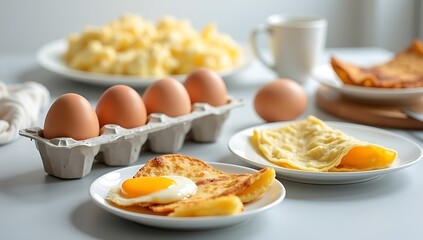 Hearty Breakfast with Runny Yolk Omelet, Scrambled Eggs, and Hash Brown
