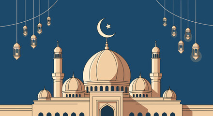 Islamic Mosque architecture with crescent moon and lanterns