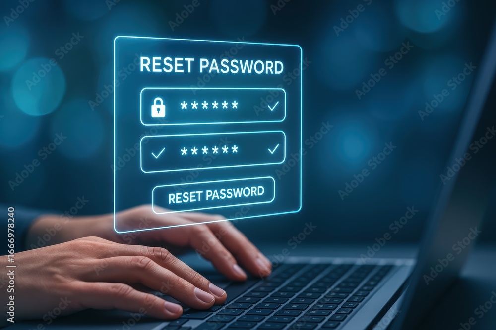 Poster digital password reset: a detailed rendering of a screen showcasing a password reset interface on a 