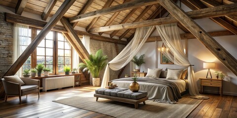 Serene Attic Bedroom with Exposed Beams and Canopy Bed