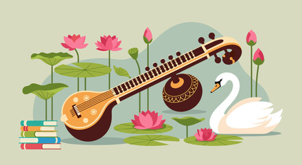 Saraswati Hindu goddess of knowledge music and arts with lotus and swan