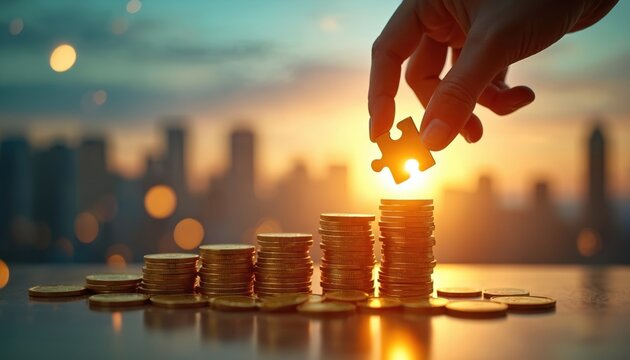 Financial growth concept with stacks of gold coins investment strategy. Hand places puzzle piece on top, representing success in stock market trading, capital building. City skyline in background at - Powered by Adobe