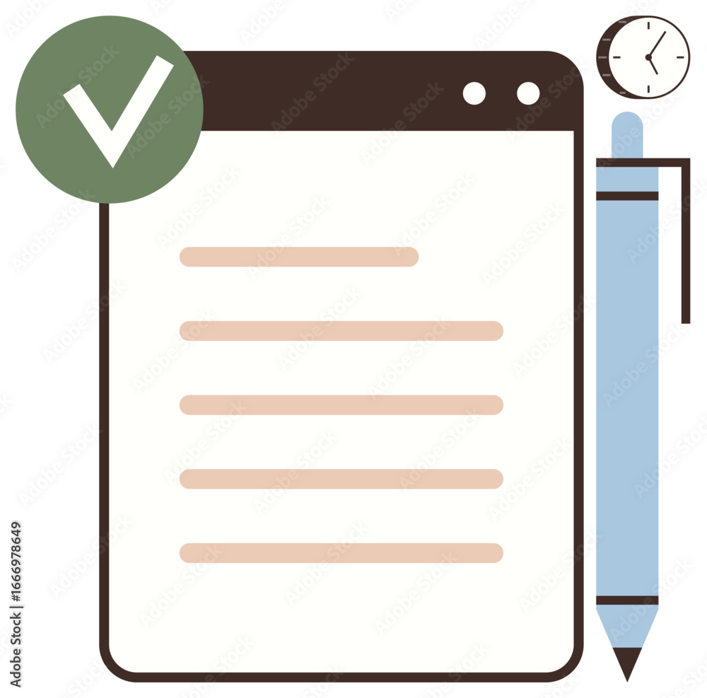 Poster document with horizontal lines, checkmark, clock, and pen emphasizing task completion, productivity,
