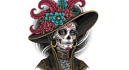 Elegant Sugar Skull Woman adorned with Feathers and Flowers
