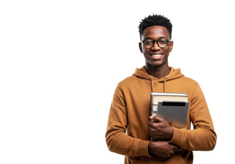 Confident ethnically ambiguous young adult (18-24) in hoodie, holding books & tablet, smiling on white studio background, copy space, concept of modern learning and growth