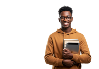 Confident ethnically ambiguous young adult (18-24) in hoodie, holding books & tablet, smiling on white studio background, copy space, concept of modern learning and growth
