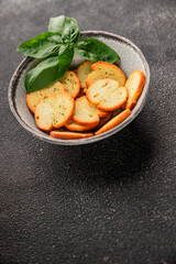 Crisps croutons with greens croutons delicious snack fresh delicious gourmet food background on the table  rustic food top view copy space