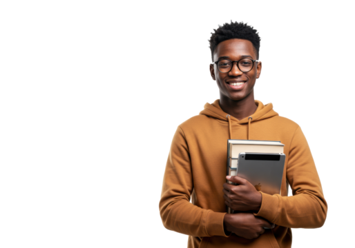 Confident ethnically ambiguous young adult (18-24) in hoodie, holding books & tablet, smiling on white studio background, copy space, concept of modern learning and growth - Powered by Adobe