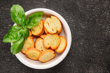 Crisps croutons with greens croutons delicious snack fresh delicious gourmet food background on the table  rustic food top view copy space