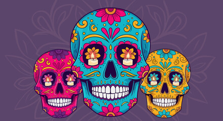 Colorful Sugar Skulls with Candles and Floral Patterns