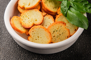Crisps croutons with greens croutons delicious snack fresh delicious gourmet food background on the table  rustic food top view copy space