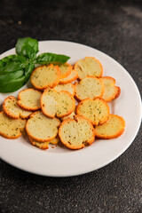 Crisps croutons with greens croutons delicious snack fresh delicious gourmet food background on the table  rustic food top view copy space