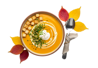 A vibrant bowl of creamy pumpkin soup, garnished with crispy croutons, pumpkin seeds, and fresh chives, sits atop a dark background, complemented by autumn leaves.